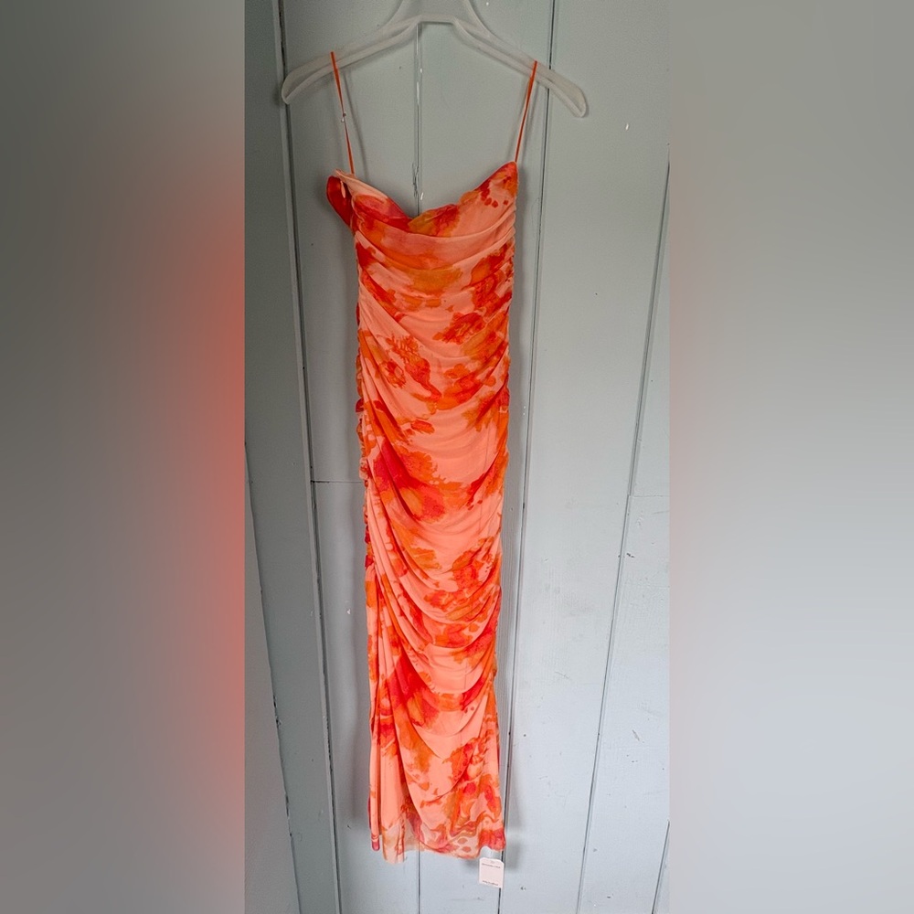 Abercrombie & Fitch Coral and Orange Floral Ruched Maxi Skirt